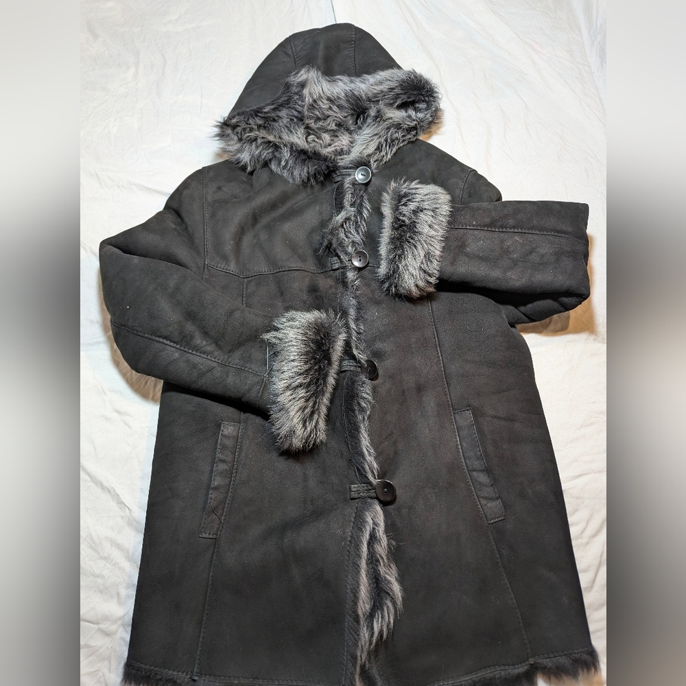 Blue Duck Shearling Topper Toscana With Hood And Cuffs Genuine Sheepskin Fur Med
